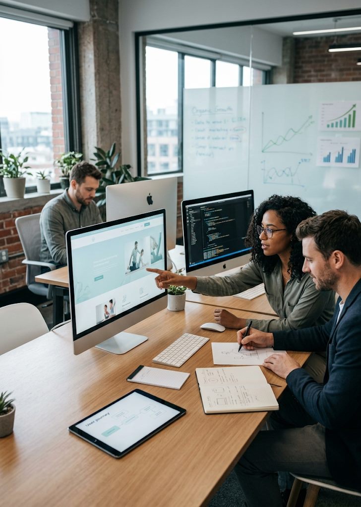 A team mapping marketing plans for clinics at different growth stages