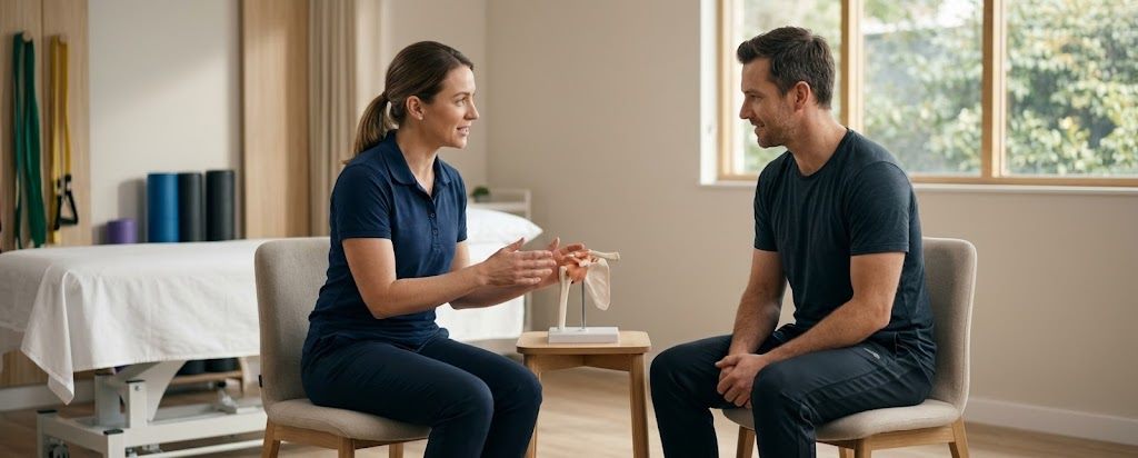 A physiotherapist explaining a treatment plan to a patient using a joint model