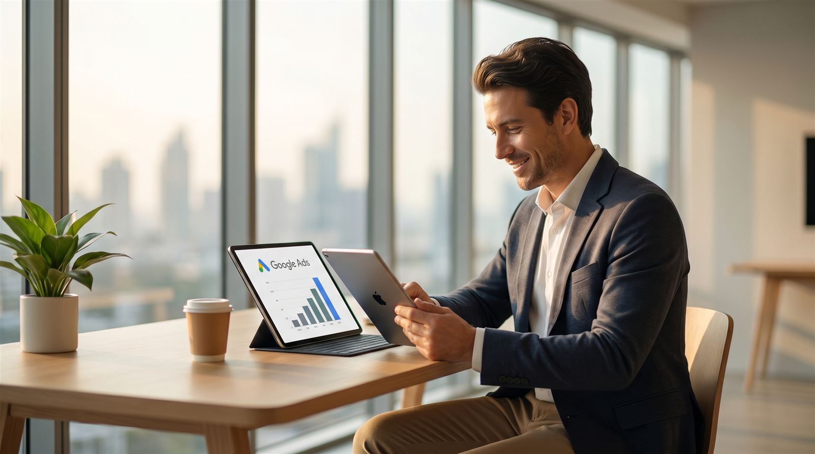 A marketer reviewing paid search campaign performance on a tablet