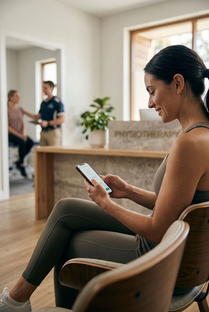 A patient booking a physiotherapy appointment on her phone in a clinic waiting area