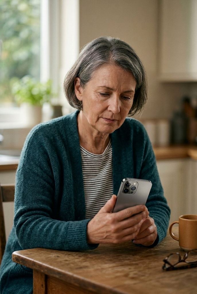 An older woman searching for a physiotherapy clinic on her phone at home