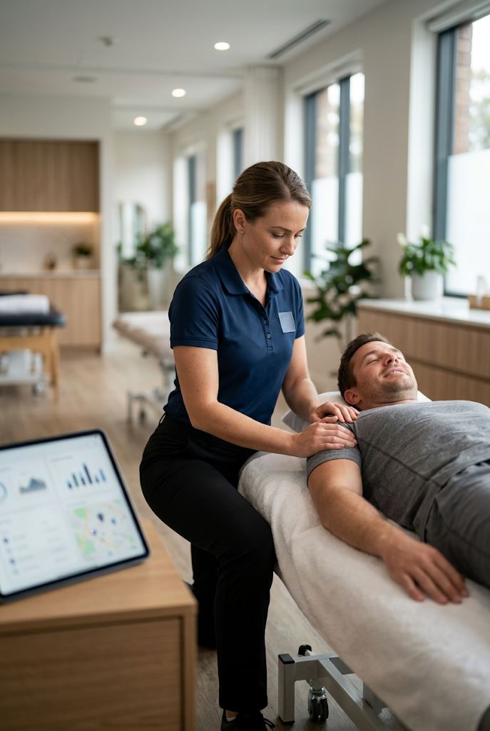 A physiotherapist treating a patient's shoulder in a modern clinic