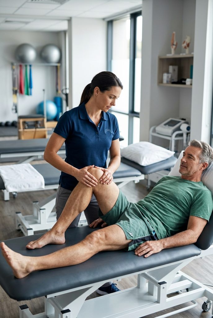 A physiotherapist treating a patient's knee on a clinic table