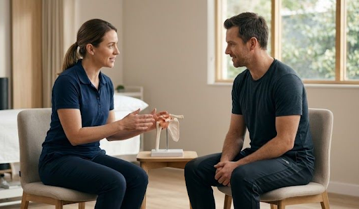 A physiotherapist explaining a treatment plan to a patient using a joint model